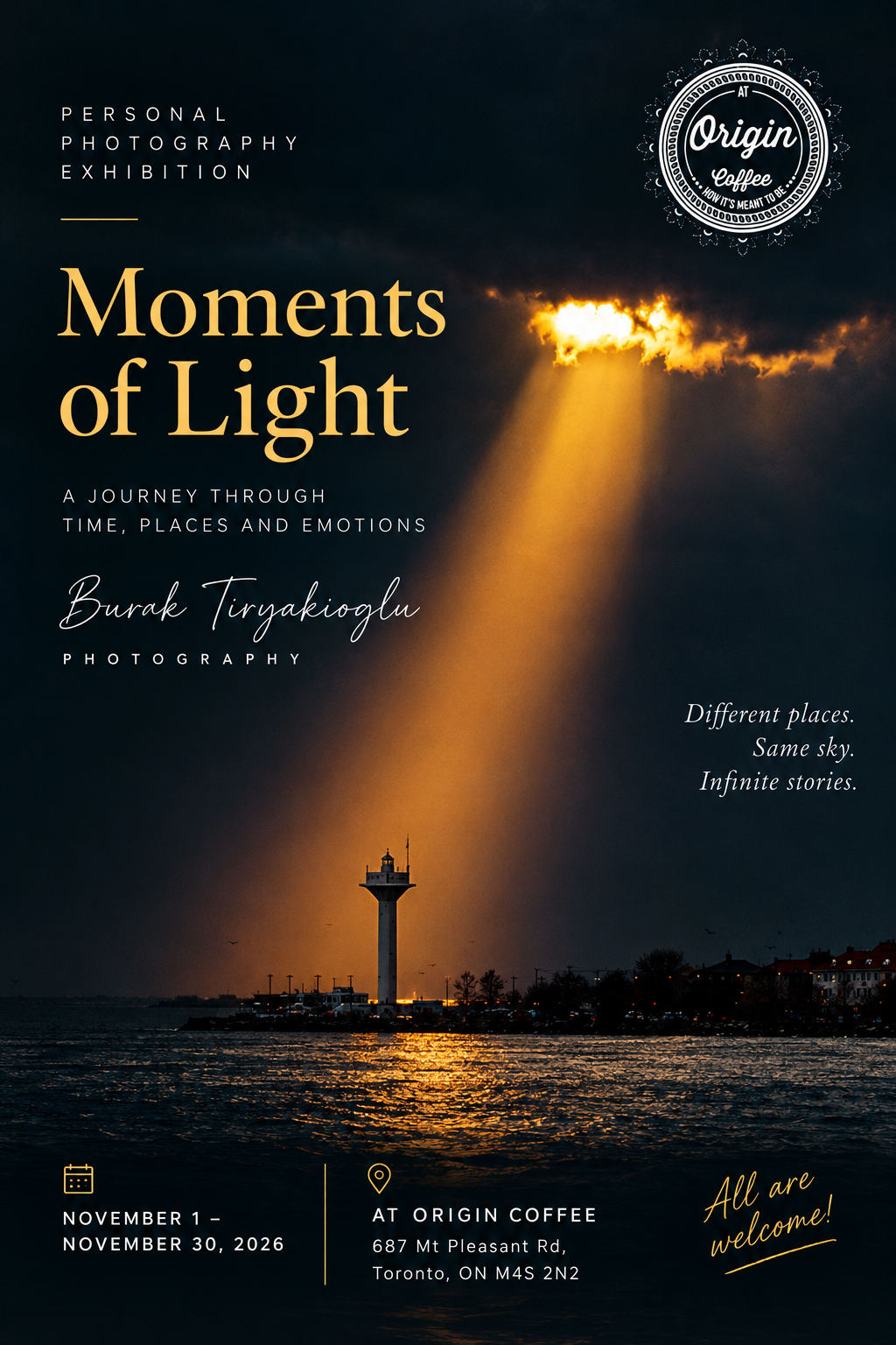 Moments of Light — Personal Photography Exhibition by Burak Tiryakioglu, November 1–30 2026 at At Origin Coffee, 687 Mt Pleasant Rd, Toronto