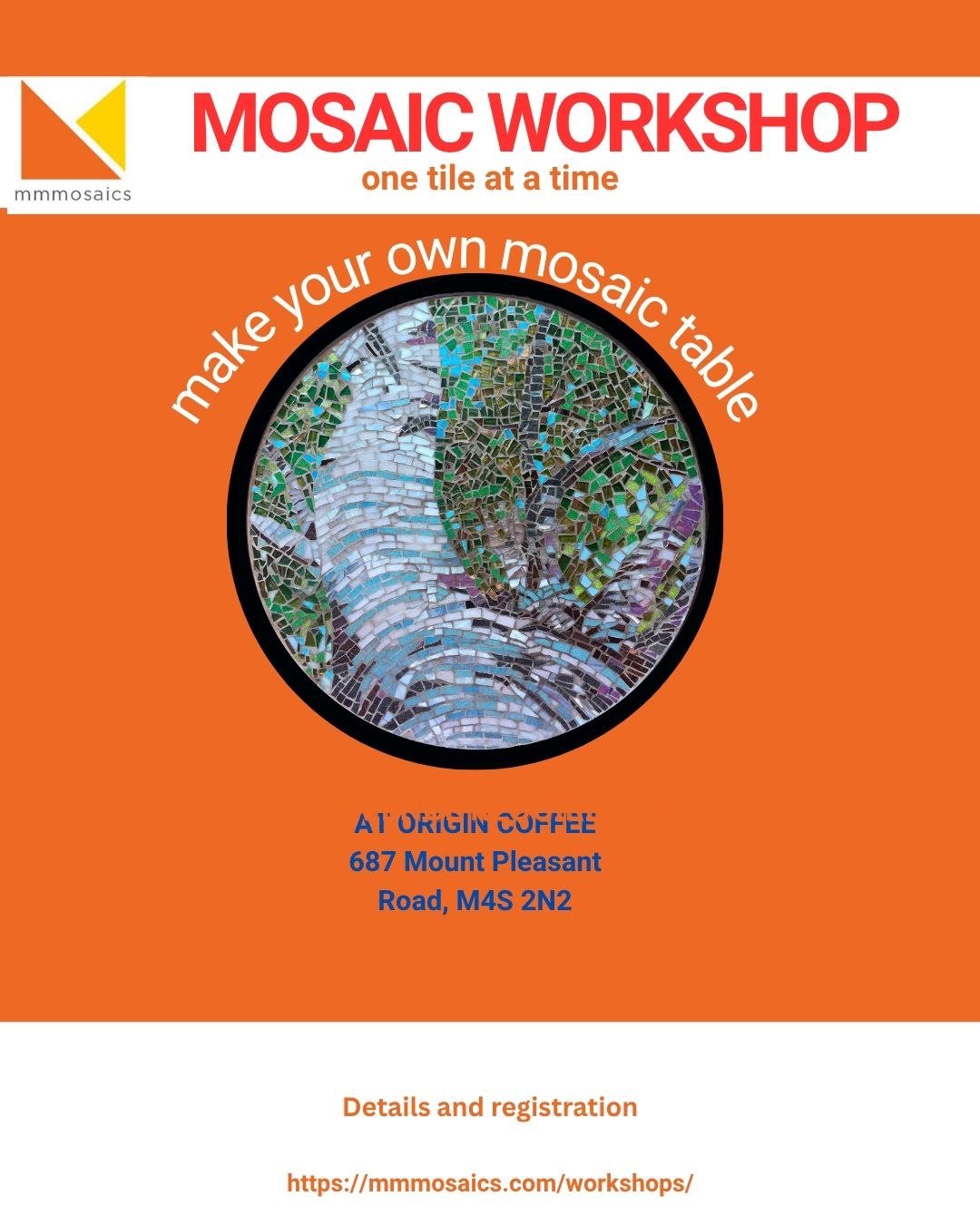 Mosaic coffee table workshop in progress at At Origin Coffee, Mount Pleasant, Toronto